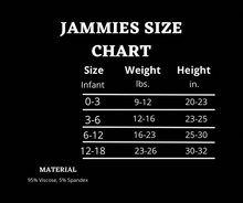 Load image into Gallery viewer, Jammies size chart with size, weight, and height ranges on a black background