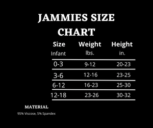 Jammies size chart with size, weight, and height ranges on a black background