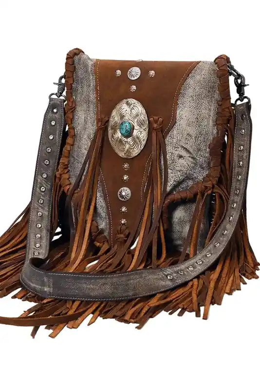 American Darling Western Leather Fringe Messenger Bag - Cowhide Purse with Turquoise Concho & Studded Strap