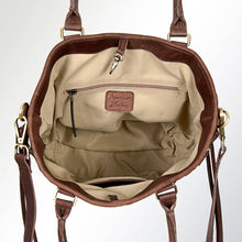 Load image into Gallery viewer, Brown leather and beige fabric bag with 'American Darling' logo on a white background