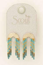 Load image into Gallery viewer, Gold and turquoise beaded earrings on a Scout branded card.