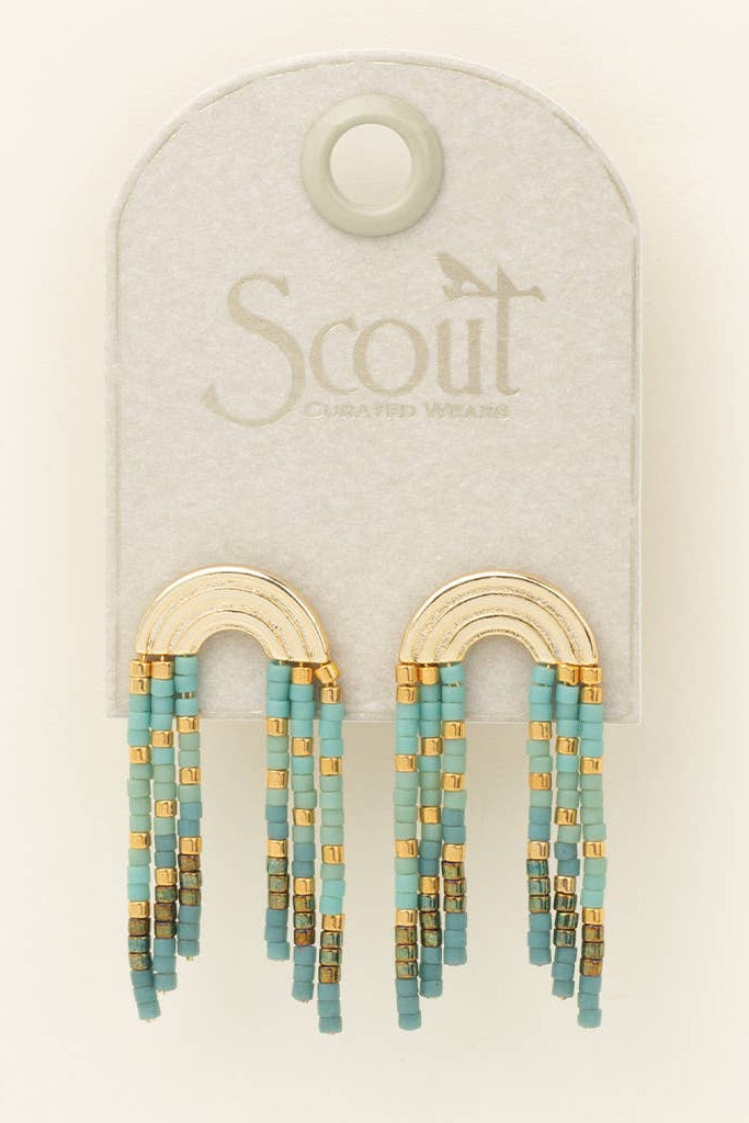 Gold and turquoise beaded earrings on a Scout branded card.