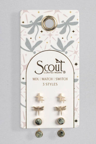 Set of earrings on a Scout branded card with a gray background
