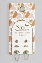 Load image into Gallery viewer, Set of earrings on a Scout branded card with geometric design