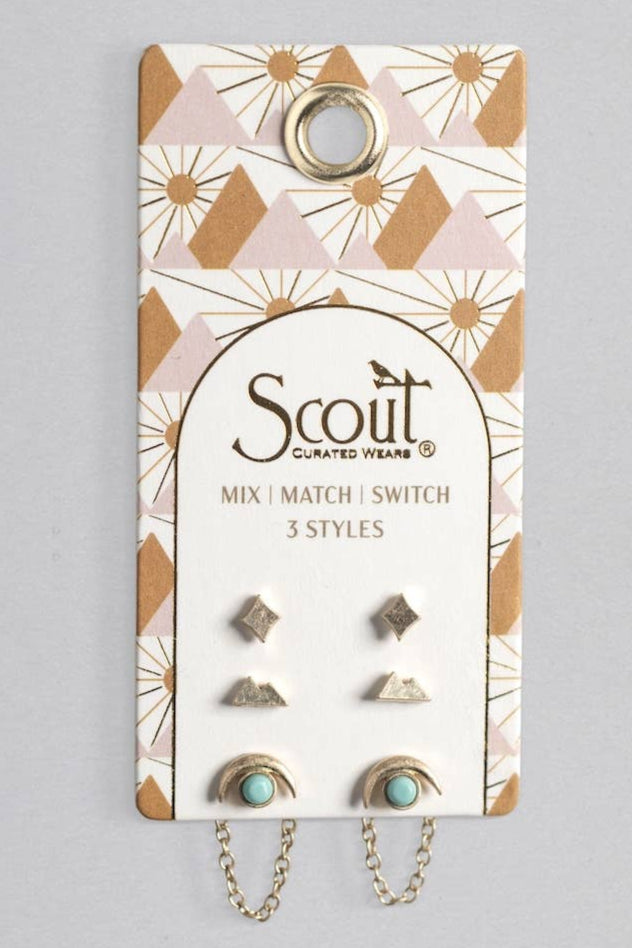 Set of earrings on a Scout branded card with geometric design