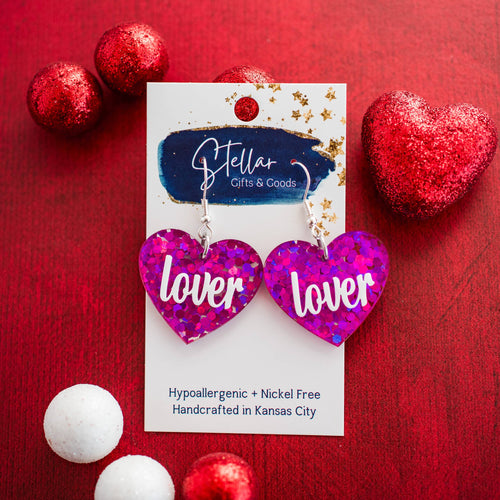 Stellar Gifts & Goods Wholesale - Lover Heart Dangles - Fuchsia Hex Glitter Valentines