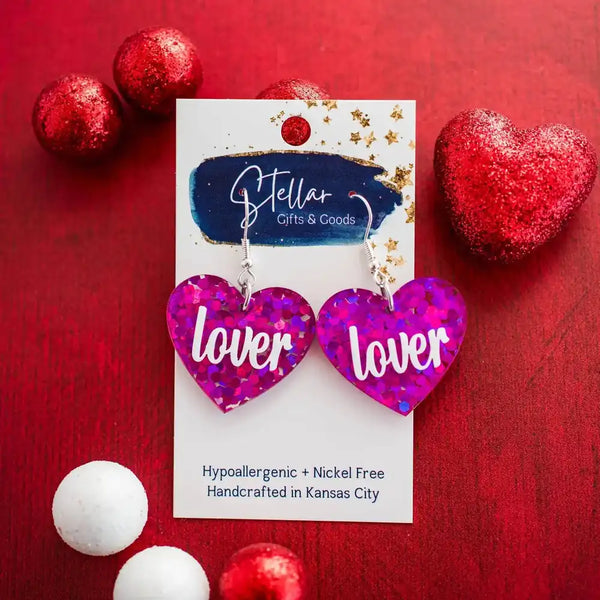 Lover Heart Dangles - Fuchsia Hex Glitter Valentines