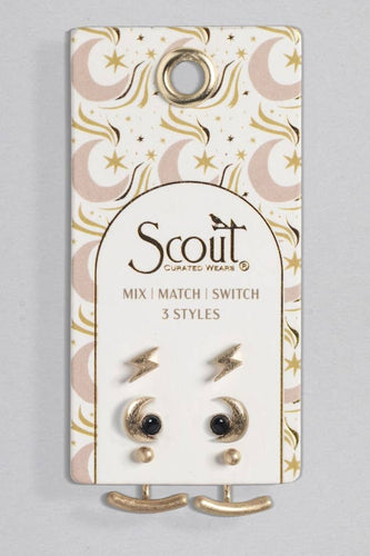 Scout earring set on a patterned card with a gray background
