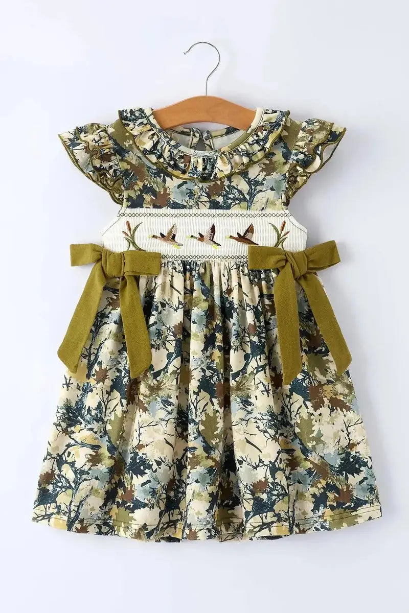 Camo Duck Smocked Bow Ruffle Sleeves Girls Dress