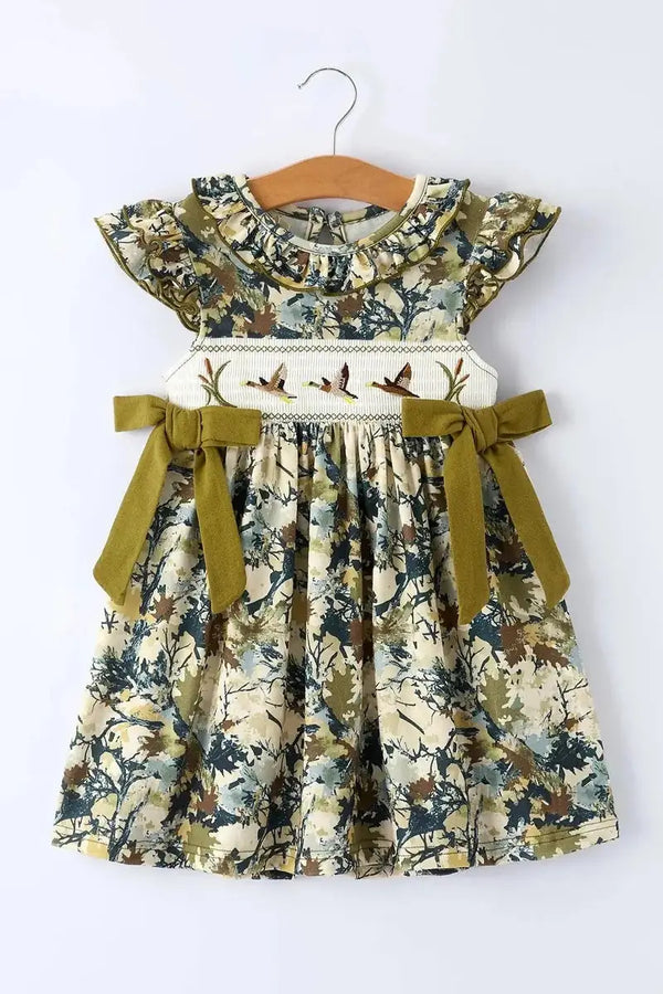 Camo Duck Smocked Bow Ruffle Sleeves Girls Dress