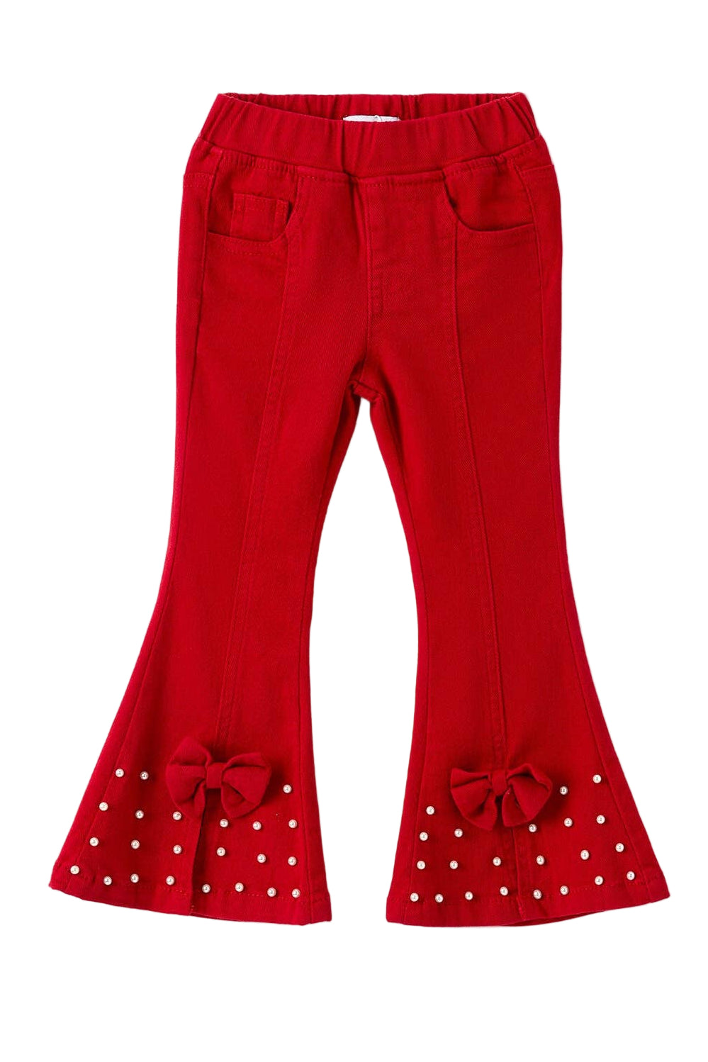 Red flared pants with decorative elements on a white background