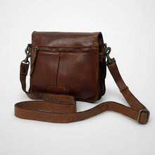 Load image into Gallery viewer, Brown leather crossbody bag on a light gray background