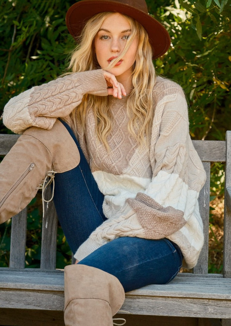 Color Block Cable Knit Sweater