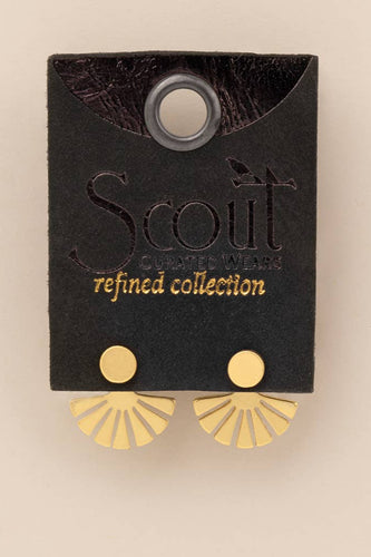 Gold earrings on a Scout Refined Collection branded card against a beige background