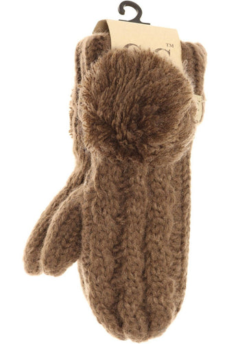 Brown knitted mittens with fluffy cuff on a white background