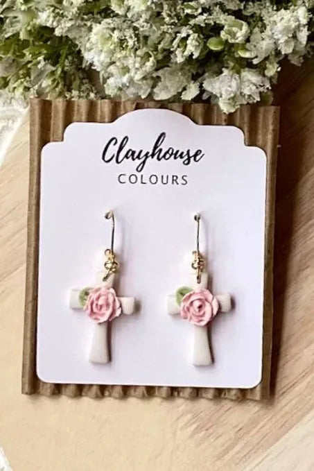 Cross Flowers Clay Earrings