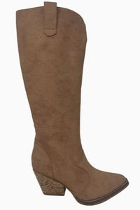 Brown knee-high boot on a white background