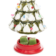 Load image into Gallery viewer, Decorative Christmas tree with lights and a red base containing green cubes on a white background