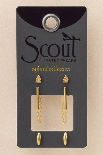 Gold earrings on a Scout Curated Wears card with a beige background