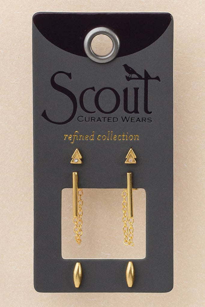 Gold earrings on a Scout Curated Wears card with a beige background
