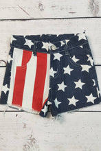 Load image into Gallery viewer, Denim shorts with American flag pattern on a wooden surface