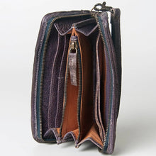 Load image into Gallery viewer, Open leather wallet with striped pattern on a white background