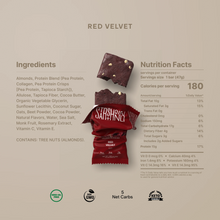 Load image into Gallery viewer, Red velvet protein bar packaging with nutrition facts and ingredients on a beige background