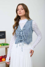 Load image into Gallery viewer, Woman wearing a blue lace vest over a white lace top and skirt, standing in a kitchen.