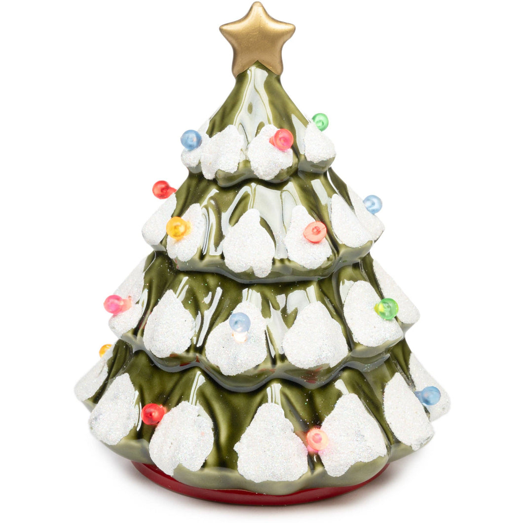 Decorative Christmas tree figurine with lights and a star on a white background