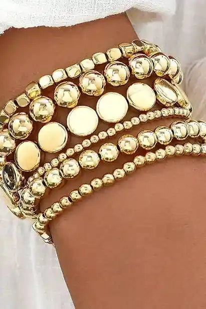 MULTI BALL CHAIN BEAD MIX STRETCHABLE BRACELET | 40B5129: GOLD