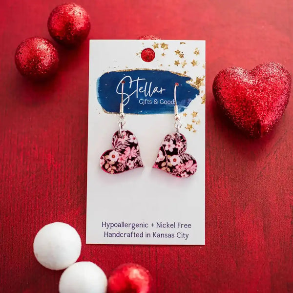 Petite Heart Dangles - Pink Mirror Floral Valentines