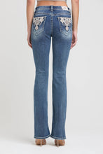 Load image into Gallery viewer, Blue jeans with decorative stitching on a white background