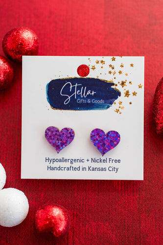 Heart Studs - Purple Sparkle Glitter