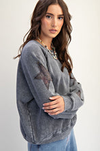 Load image into Gallery viewer, woman wearing grey sweatshirt with star patches on the sleeves