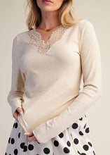 Load image into Gallery viewer, Woman wearing a cream sweater with lace details and a polka dot skirt on a plain background