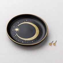 Load image into Gallery viewer, Black plate with gold crescent moon design on a light gray background