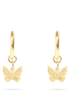 Load image into Gallery viewer, Gold hoop earrings with butterfly charms on a white background
