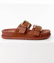 Load image into Gallery viewer, Brown sandal with gold buckles on a white background