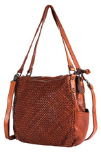 Load image into Gallery viewer, Brown woven leather handbag with a shoulder strap on a white background