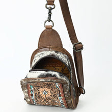 Load image into Gallery viewer, Brown leather crossbody bag with cowhide pattern on a white background