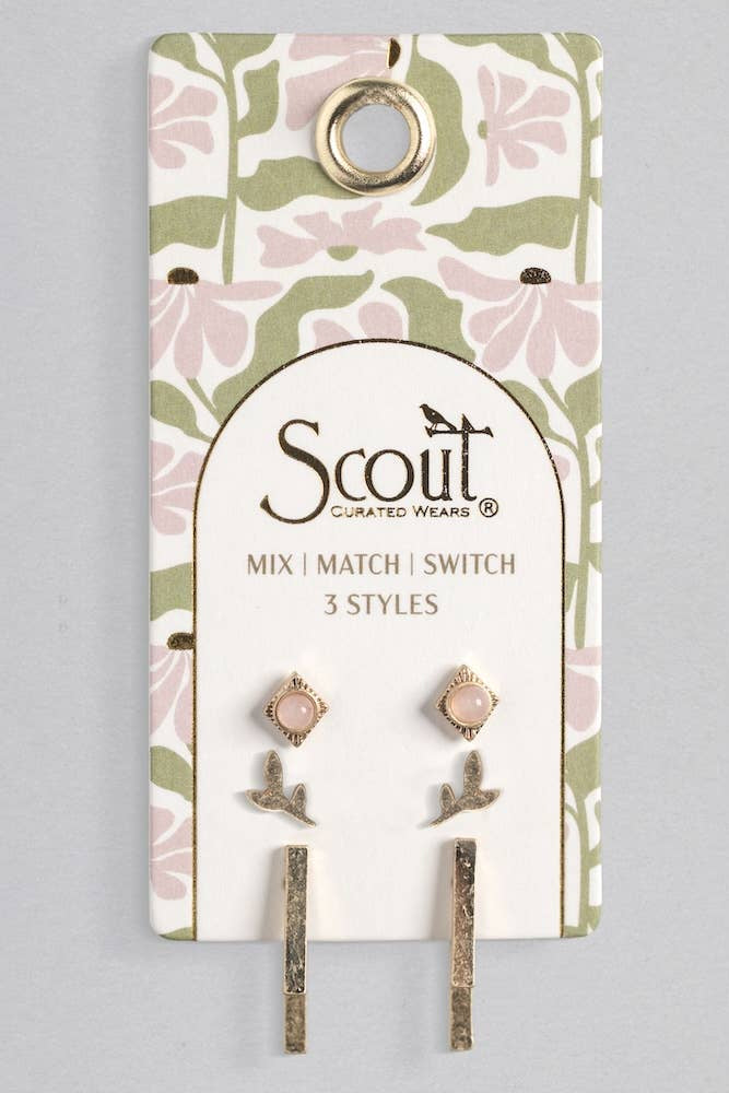 Scout earrings on a floral patterned card with a gray background
