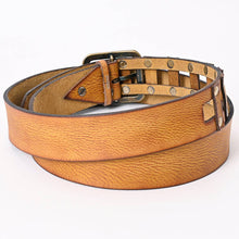 Load image into Gallery viewer, Brown leather belt with metal buckle on a white background