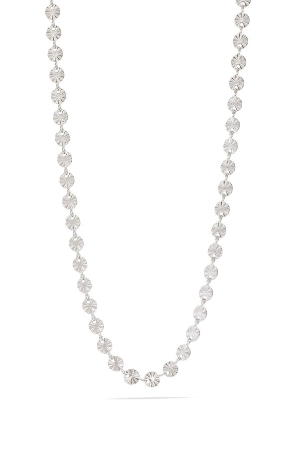 Silver beaded necklace on a white background
