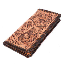 Load image into Gallery viewer, Brown leather wallet with intricate floral patterns on a white background