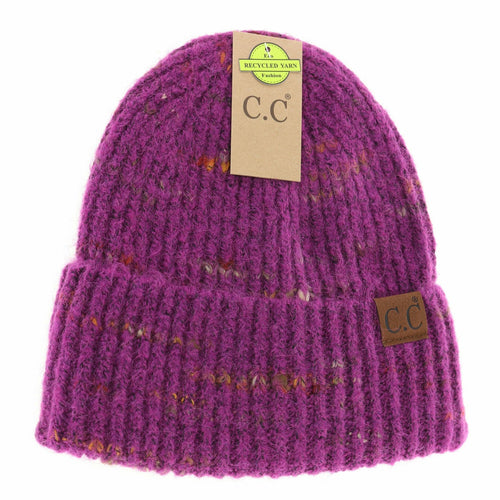 Purple knit beanie with C.C branding on a white background