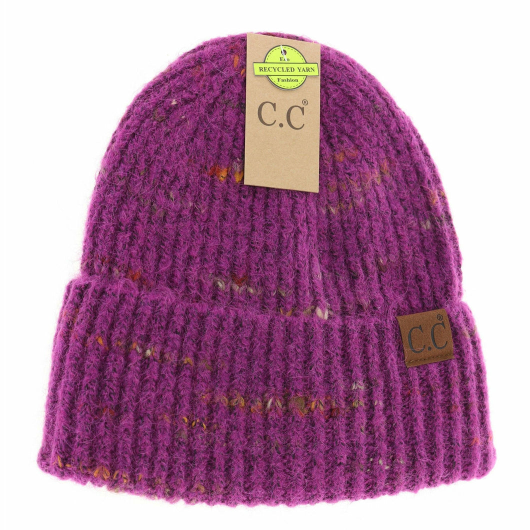 Purple knit beanie with C.C branding on a white background