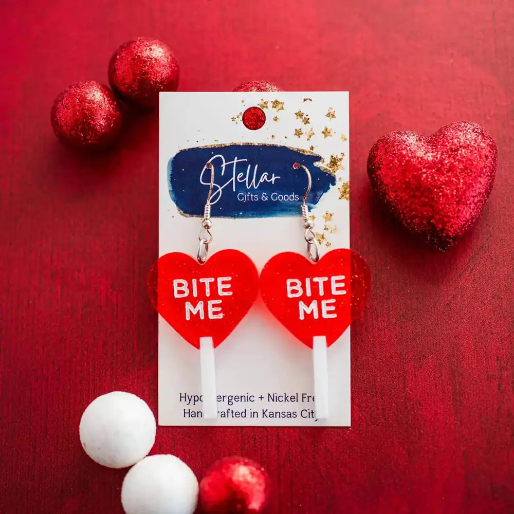 Heart Sucker Earrings - Bite Me Lollipop Dangles Valentines
