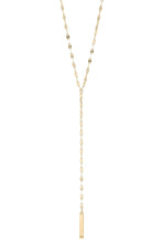 Load image into Gallery viewer, Gold necklace with a long bar pendant on a white background