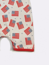 Load image into Gallery viewer, Baby romper with American flag pattern on a white background
