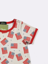 Load image into Gallery viewer, Children's shirt with American flag pattern on a white background